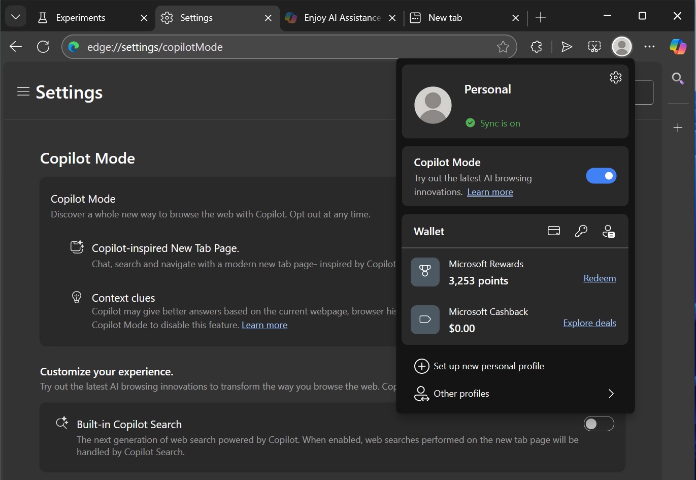 Microsoft EdgeのCopilot Mode