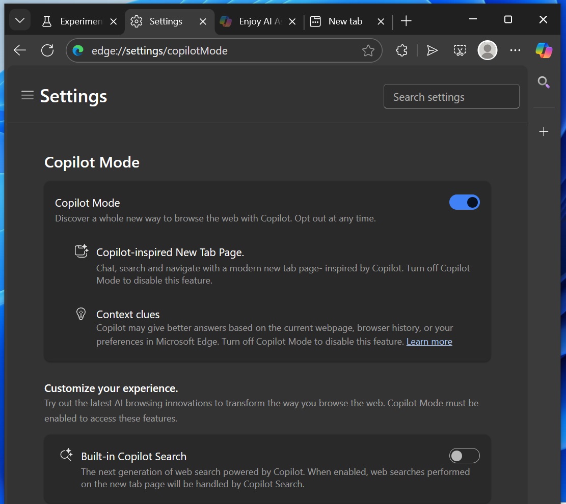 Microsoft EdgeのCopilotモード設定