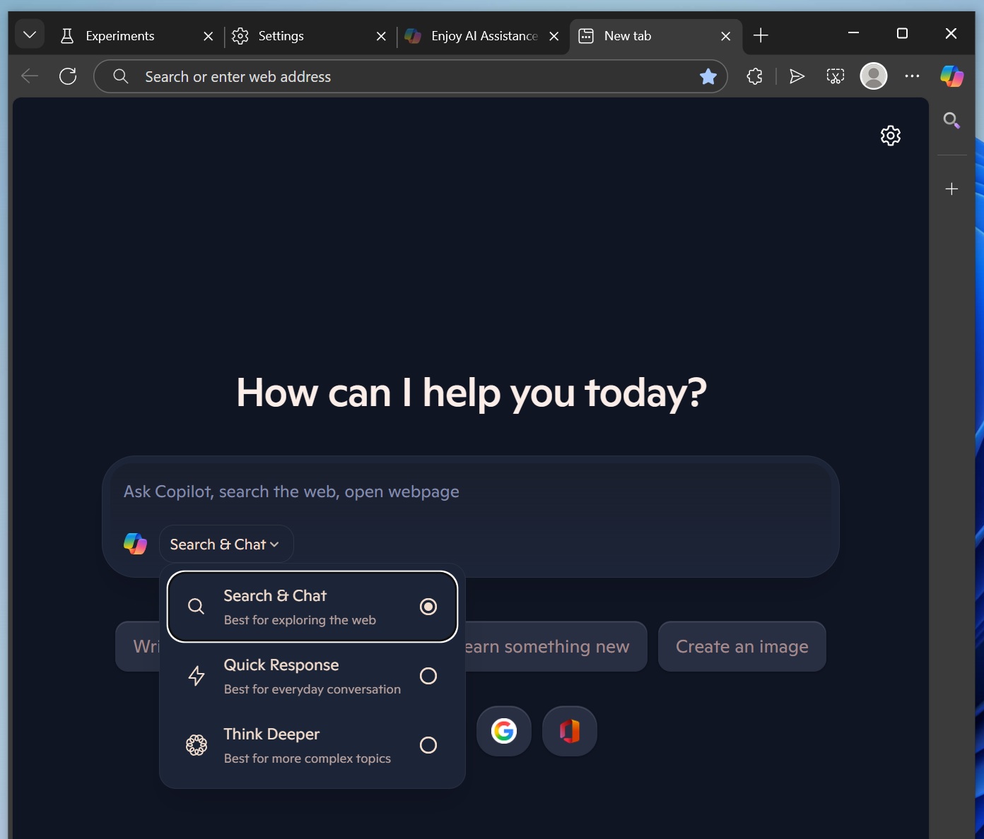 Microsoft Edgeの新しいタブページのCopilot