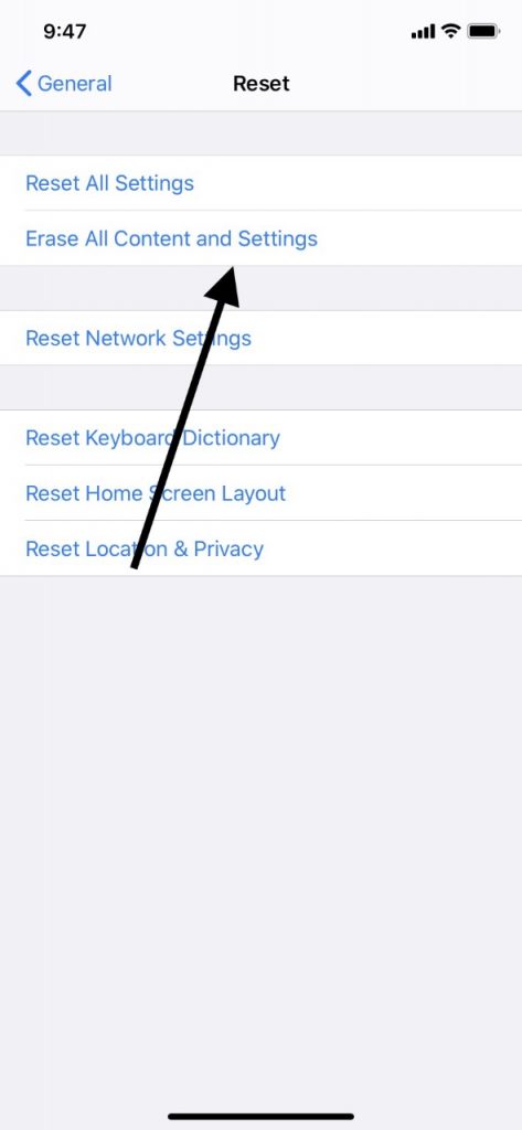 iPhoneの販売時にすべてのコンテンツと設定を消去します