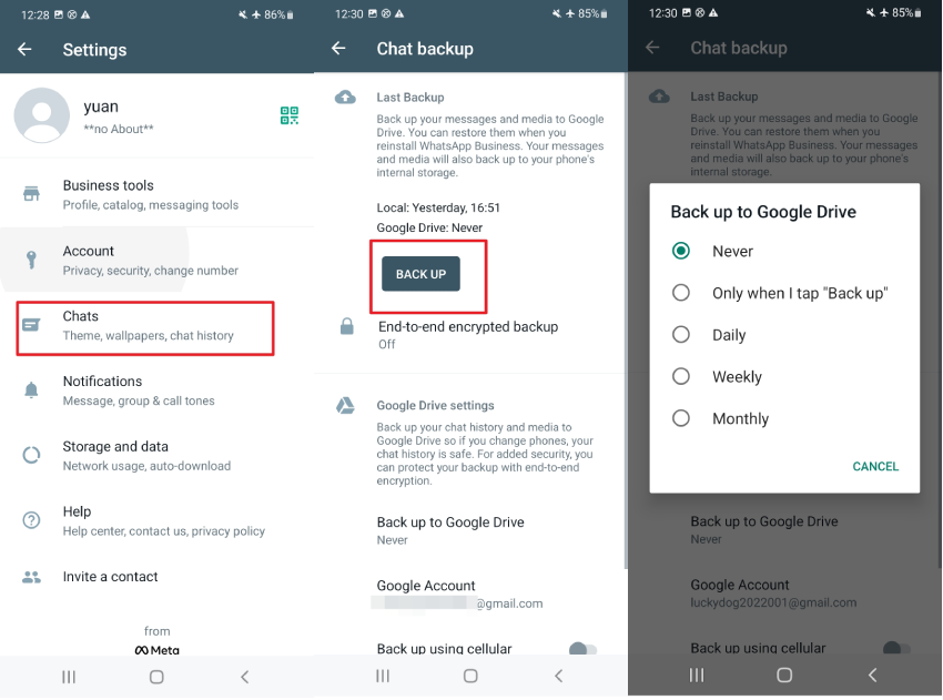 GoogleドライブへのWhatsAppビジネスをバックアップします