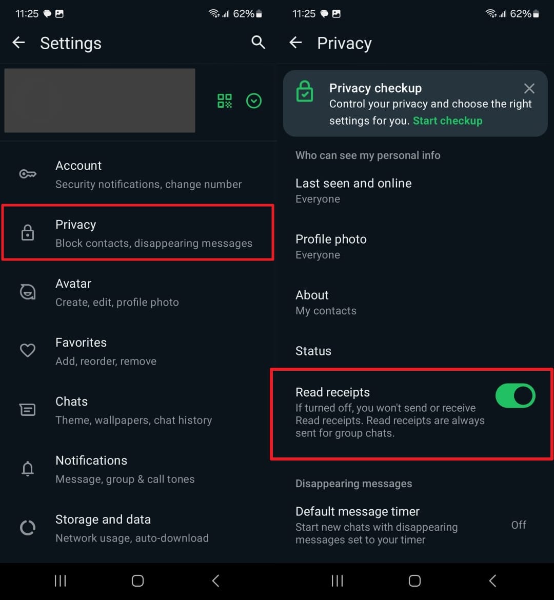 Androd Whatsapp Blue Tickをオフにします