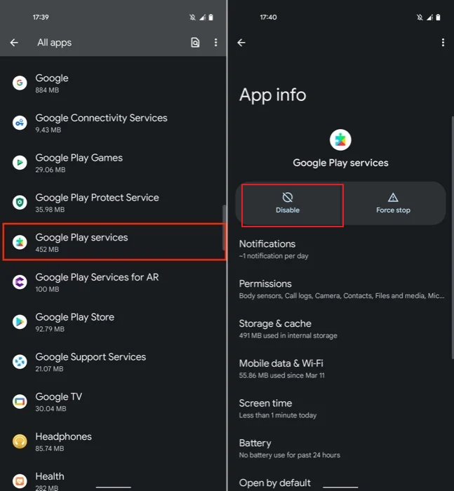 Google Playサービスを無効にします