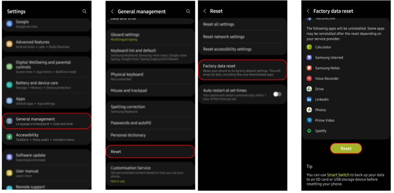 ファクトリーは、設定でSamsung Galaxyをリセットします