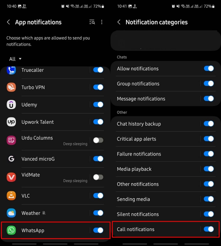 WhatsApp通話通知をオフにします