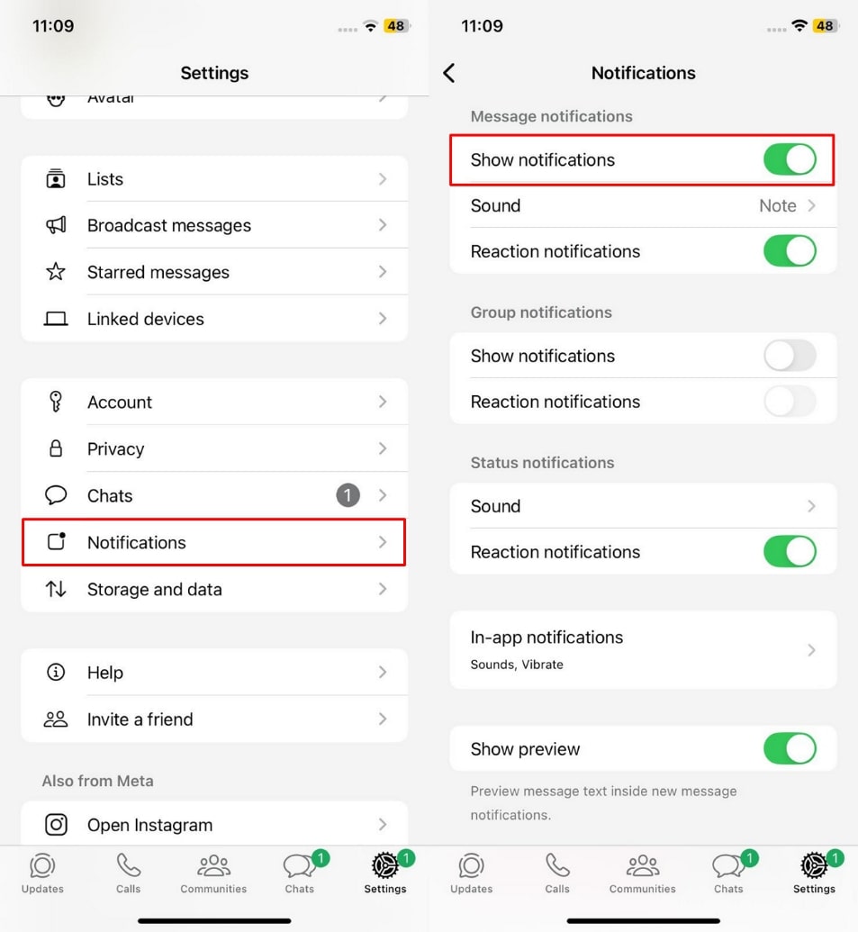WhatsAppのショー通知をオフにします