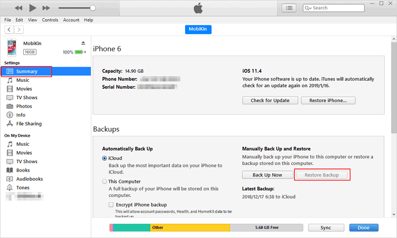 iTunesを使用してiPhoneを復元します