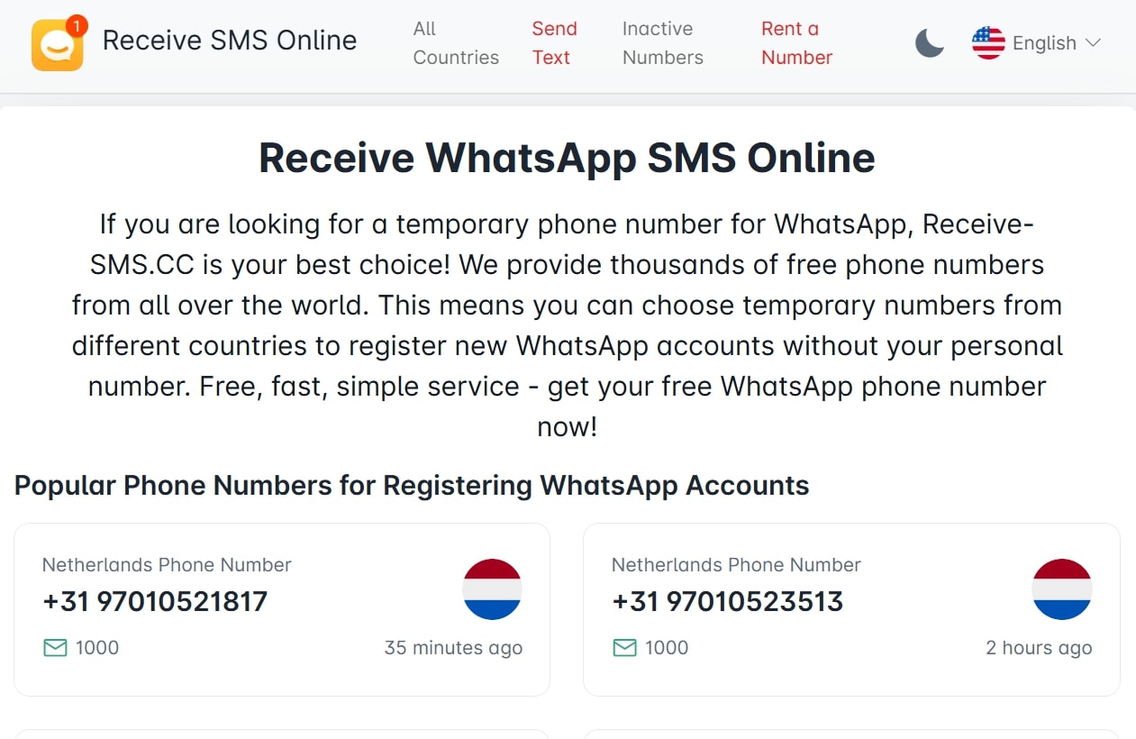 SMS TEMP WhatsApp番号を受け取ります
