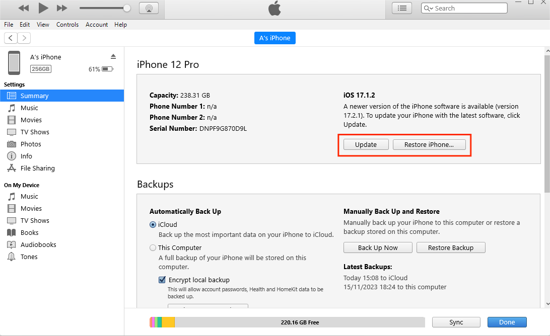 iTunesを使用してiPhoneを更新または復元します