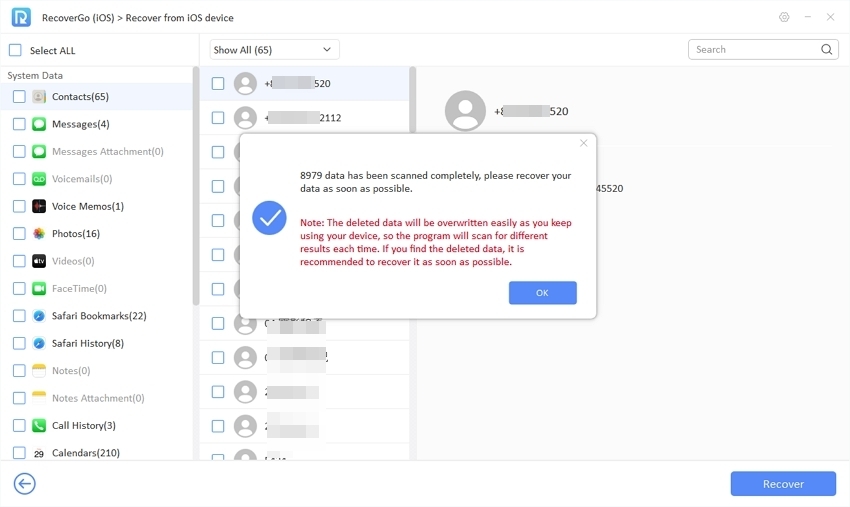 Recoverを押してボイスメールを取り戻します