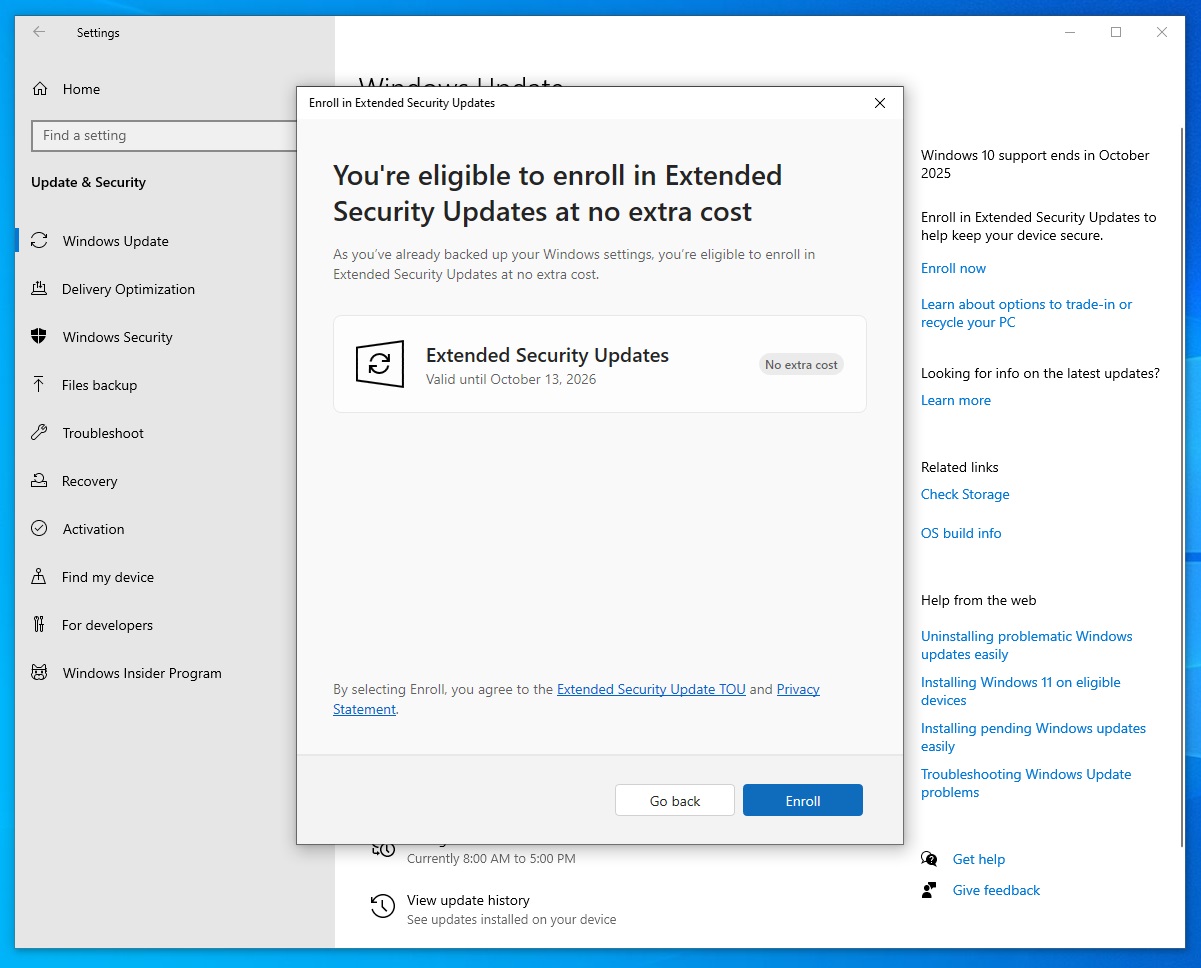 Windows 10拡張セキュリティアップデートに登録されます